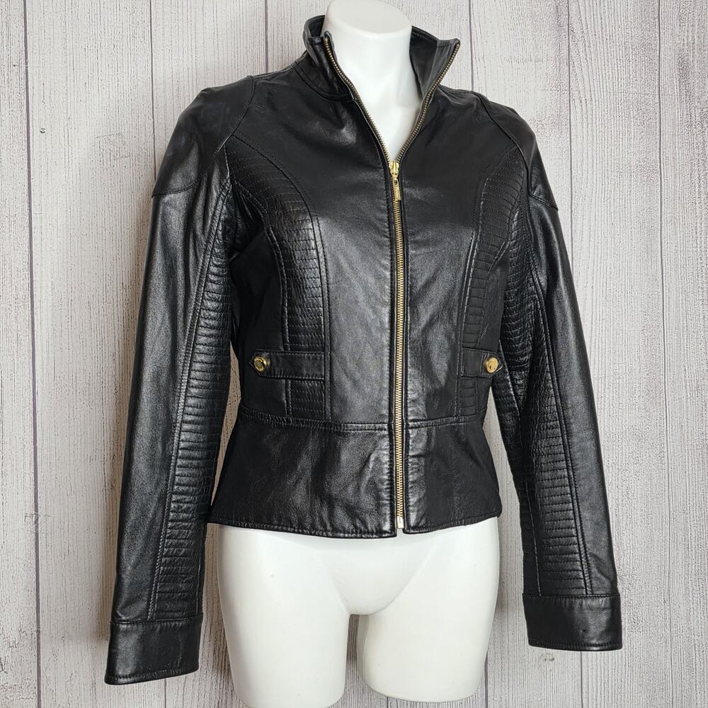Marciano Black Leather Moto Jacket Gold Hardware Leopard Lining, sz Large